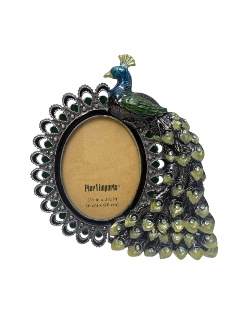 Pier 1 Imports Peacock Enamel Crystal Photo Frame for 2.5 x 3.5 Picture